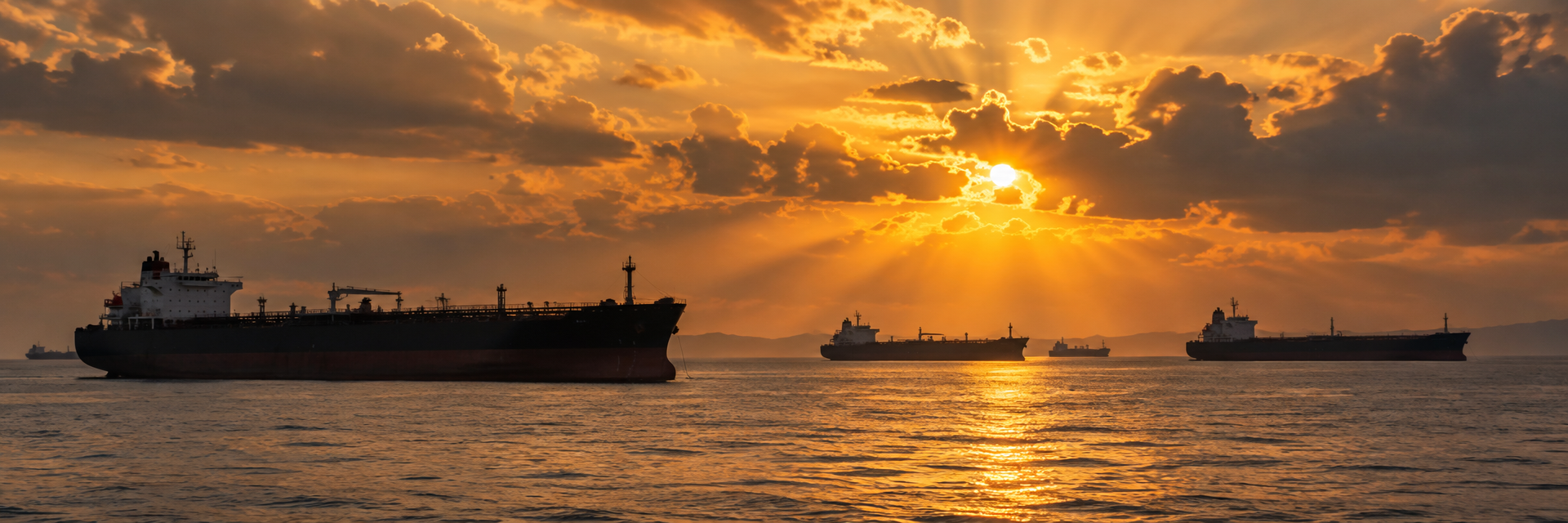 Cargo tankers at sunset on open water